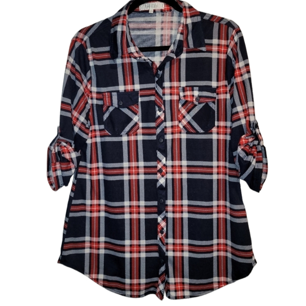 Eden & Olivia Plaid Button Down Shirt Women's Size Large Top Blouse Blue Red